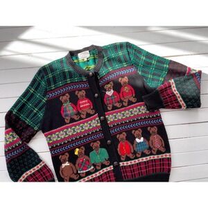 teddy bear sweater 80s 90s vintage Susan Bristol‎ green hand knit cardigan